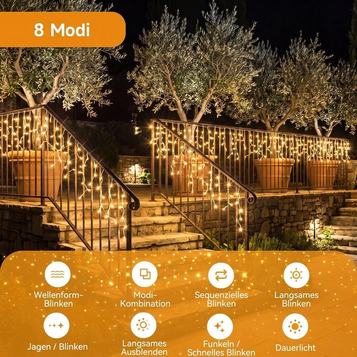 Світлодіодна гірлянда-дождик WOWDSGN 30м (1320 LED), теплий білий колір, 8 режимів, IP44 водонепроникна, для вулиці, даху та тераси