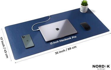 Килимок для столу Nordik з екошкіри та фетру, органайзер для кабелів (Midnight Blue, 89 x 43 см) — великий преміум килимок для миші та підкладка під письмо для домашнього офісу