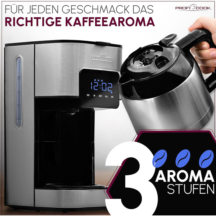 Кавоварка Profi Cook PC-KA 1191 з таймером, сенсорним управлінням і термокухлем 1,2 л, фільтраційна, неіржавна сталь