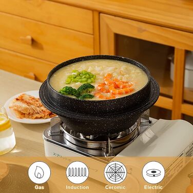 Кам'яна корейська миска з кришкою Bobikuke 20 см, Dolsot Bibimbap, 2,3 л, чорна — для гарячих страв, супу, хот-пот