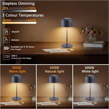 Klighten Набір з 2-х бездротових LED настільних ламп з акумулятором, димуванням, IP54, 21 см, USB-C, для дому та вулиці, антрацит, 3000K-6000K, тепле/нейтральне/холодне світло