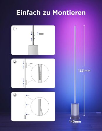 Розумна торшерна лампа Govee Stehlampe 3 Lite RGBICWW, 1400 лм, регульована яскравість, висота 152 см, срібляста