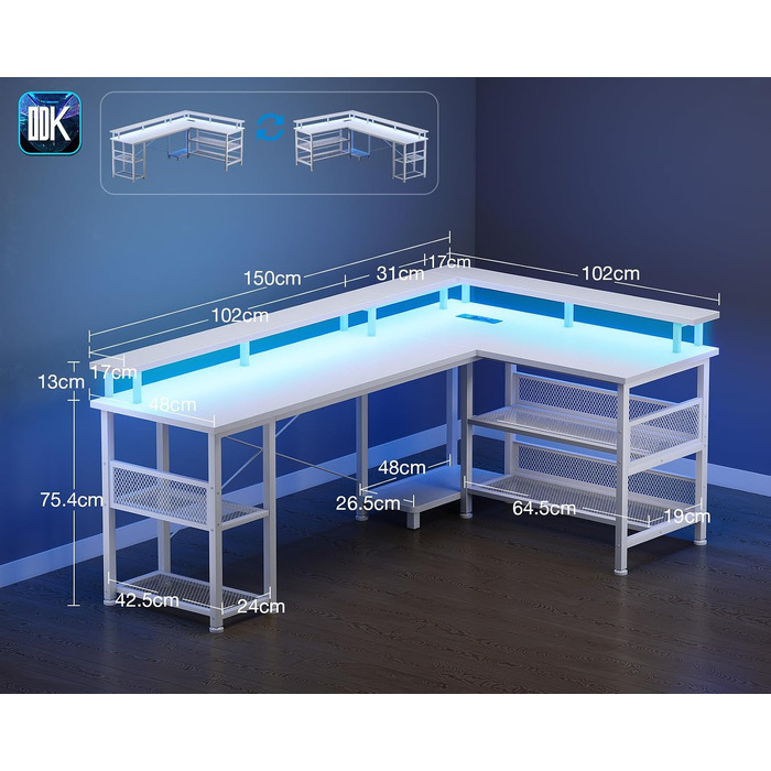 Ігровий кутовий стіл ODK з LED-підсвіткою та USB-портом, 150×102 см, білий, стільниця з вуглецевого волокна