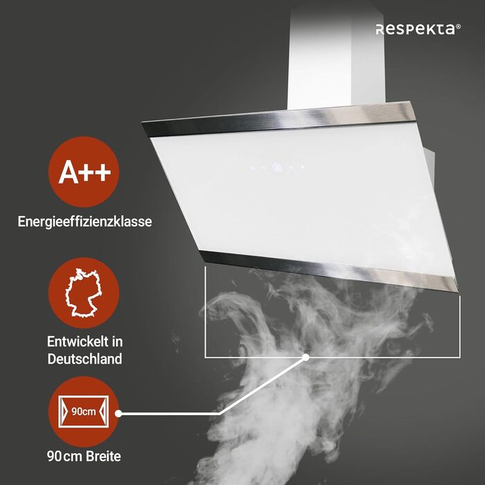 Похила витяжка Respekta CH89060S 90 см, скляна з рамою з нержавіючої сталі, режим відведення та рециркуляції, клас A++, біла