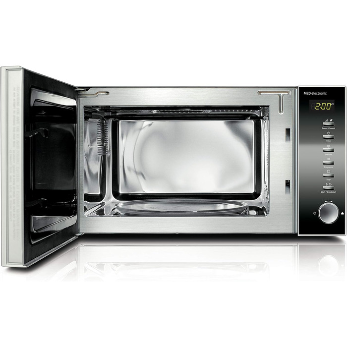 Мікрохвильова піч з грилем Caso MG20 menu 2-in-1, 800 Вт / 1000 Вт, 20 л, 14 програм приготування, нержавіюча сталь та дзеркальне скло