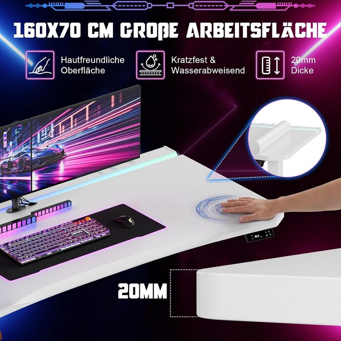 Регульований по висоті письмовий стіл Devoko 160x70 см, ігровий стіл для комп'ютера з двома моторами, LED-підсвіткою та системою кабель-менеджменту, білий