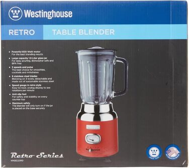 Кухонний блендер Westinghouse Retro, 1.5 л, скляна чаша, 600 Вт, 3 швидкості, імпульсний режим, 6-лезове ножі, нержавіюча сталь, BPA free, червоний