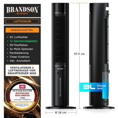 Вентилятор баштовий з функцією охолодження Brandson ECO Design: тихий DC мотор, дистанційне керування, енергоефективний, з коливанням