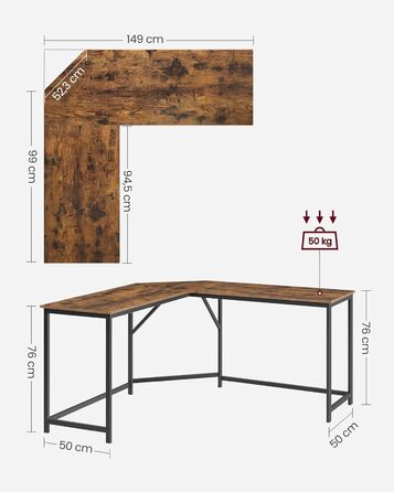 VASAGLE кутовий письмовий стіл L-подібний для геймінгу та роботи, 149x149x76 см, економія простору, простий монтаж, вінтажно-коричневий з чорним