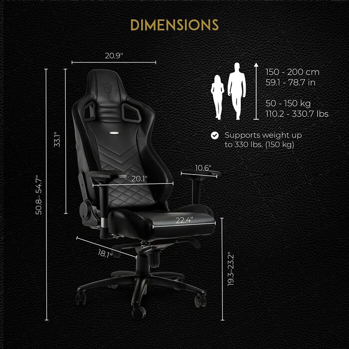 Ігрове крісло noblechairs Epic чорне, ергономічне, з підголівником і поперековою підтримкою, PU-шкіра, для користувачів до 120 кг і 185 см