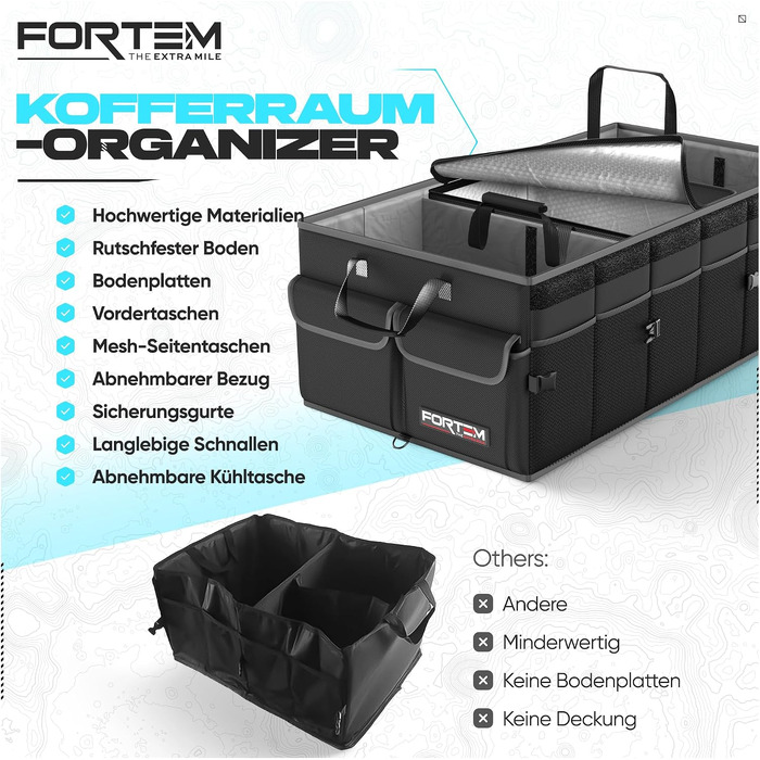 Органайзер у багажник автомобіля FORTEM Extra Extra Large (105L) — складана сумка-контейнер з відділеннями, протиковзаючим дном та ременями фіксації, чорний
