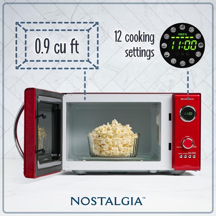 Мікрохвильова піч Nostalgia Retro червона металік 25л, 800 Вт, 12 програм, цифровий дисплей для кухні