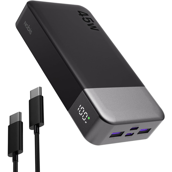 Power Bank NOBIS 20000mAh 45W з C-to-C кабелем, цифровою індикацією, чорний