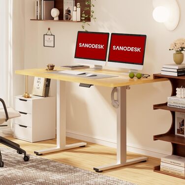 Ергономічний електричний стіл SANODESK з цільною стільницею, регульована висота, 4 режими пам'яті, панель керування, гачок (140x80 см, клен)