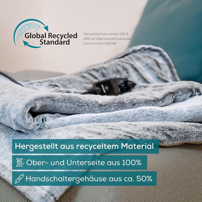 Електрична грілка-ковдра Beurer HD 75 Nordic Grey Green Planet, з переробленого матеріалу, 6 температурних режимів, м'яка, автоматичне вимкнення, 180x130 см