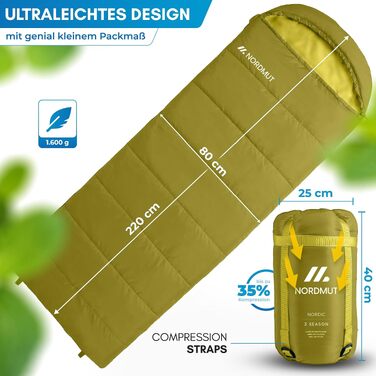 Спальний мішок-ковдра NORDMUT для дорослих, ultralight 1600г, 3-сезонний (250 GSM) з двосторонньою блискавкою YKK для кемпінгу, фестивалів та відпочинку на природі (Окер)