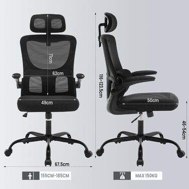 Ергономічне офісне крісло WOLTU BS161sz, сітчасте, з регульованою висотою, підголівником, підтримкою попереку, відкидними підлокітниками, до 150 кг, чорне