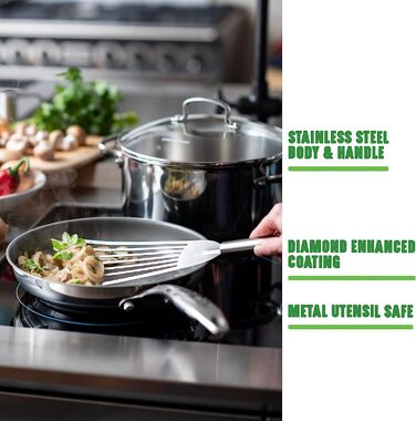 GreenChef Profile Plus каструля з антипригарною керамікою та нержавіючої сталі, 18 см, 2,1 л, з кришкою із загартованого скла, без PFAS, для індукції, жаростійка до 200°C, срібляста