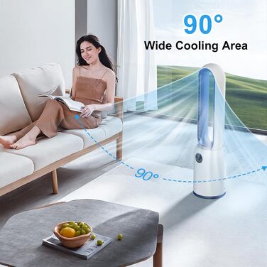 Безлопатевий вентилятор Turmventilator 88 см, з LED-дисплеєм, пультом, таймером 12 год, 90° осциляція для спальні/офісу (синій)