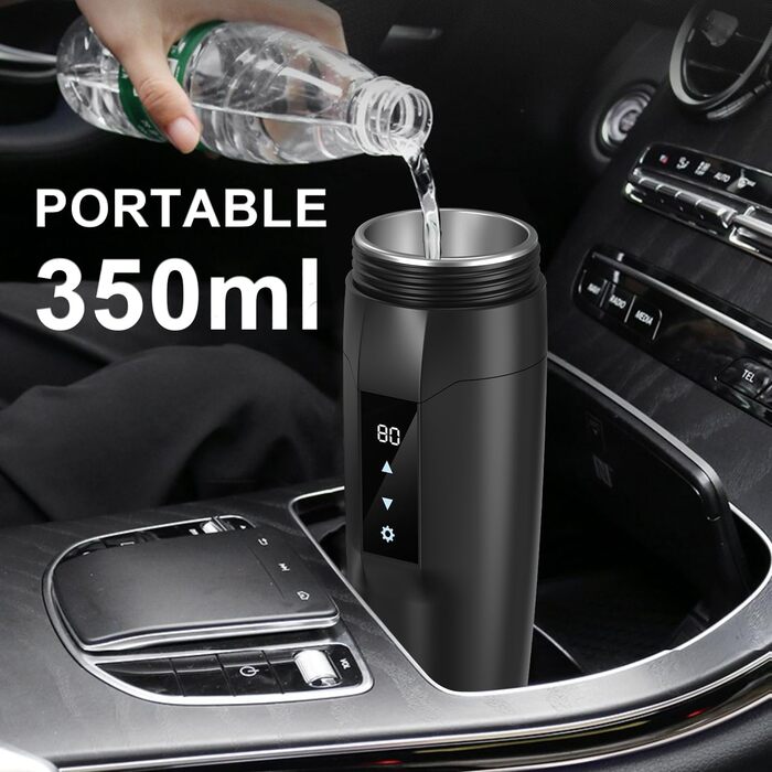 Портативний автомобільний електрочайник 350 мл, 304 сталь, 12В, швидке кип’ятіння, захист від перегріву, регулювання температури, антипроливний