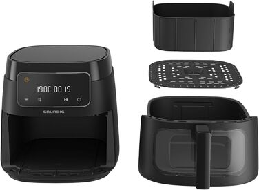 Аерофритюрниця Grundig FRY 7320, 7.6 л, 1750 Вт, сенсорне управління, антипригарне покриття, велике оглядове вікно, налаштування температури та часу, чорна, кошик для посудомийної машини