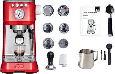 Еспресо-машина Solis Barista Perfetta Plus 1170, професійна ріжкова кавоварка з манометром, паровою та гарячоводною насадкою, температурним регулятором, 54 мм холдером, подвійним носиком, червона