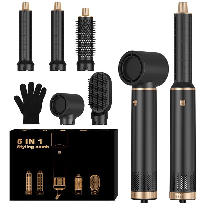 UKLISS 6-в-1 Hairstyler: Фен-щітка для укладки волосся з насадкою для локонів, професійний набір для стайлінгу (Золотий Чорний)
