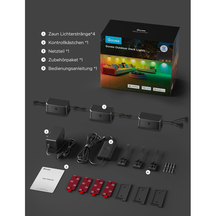 Розумні вуличні стінові світильники Govee Outdoor Wall Lights, RGBWIC, водонепроникні IP65, комплект 12 шт.