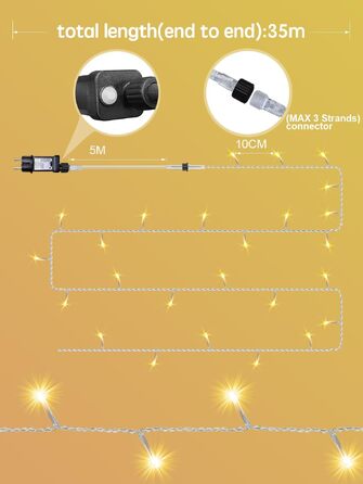 Світлодіодна гірлянда для вулиці 35м, 300 LED вогників для новорічної ялинки, теплий білий колір