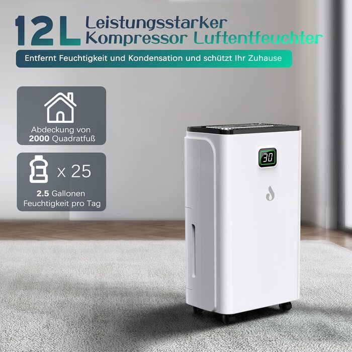 Повітряний осушувач електричний Luftentfeuchter 12л/добу, 2.5л бак, 3 режими, таймер 24 год, для спальні, підвалу, білий