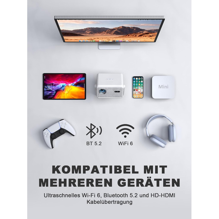 Смарт-проектор VISSPL 4K Home Cinema, 1000 ANSI люмен, WiFi 6, Bluetooth, Autofokus, Trapezoidна корекція, Full HD 1080P для дому та вулиці, Білий