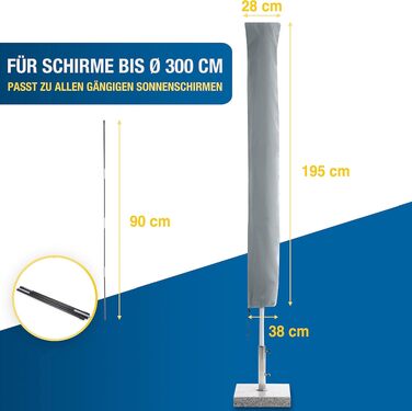 Чохол для парасольки SPRINKS® до 300 см - захист від УФ-випромінювання, водонепроникний, з додатковим стрижнем (Сірий, 195 x 28/38 см, 2 в упаковці)