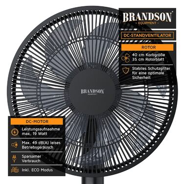 Вентилятор Brandson ECO DC, енергозберігаючий, 9 режимів, турбо, безщітковий тихий мотор, пульт, таймер, осциляція 60°/90°/120°, білий