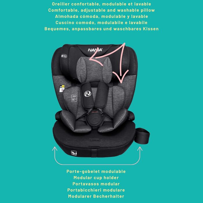 Автокрісло Nania Milano Isofix 76-150 см, 9-36 кг, 15 міс - 12 років, чорно-сіре