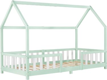 Дитяче ліжко-хаус Sisimiut 90x200 см з бортиками, підліжковим каркасом, з масиву сосни, світло-сіре/біле, [en.casa]