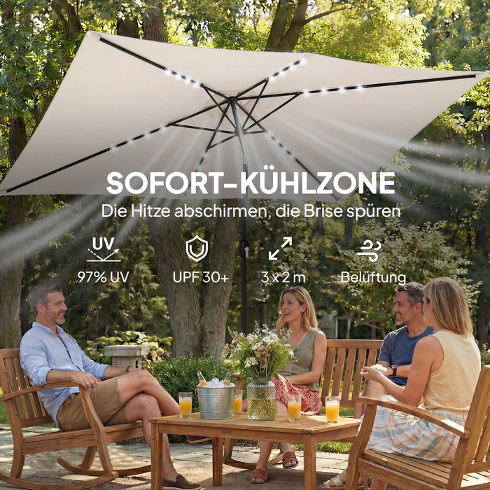 Сонячний парасоль з LED-підсвіткою, приблизно 300 x 200 см, регульований нахил, балконний парасоль з ручним механізмом, захисний чохол, захист від ультрафіолету, поворотний, кремово-білий