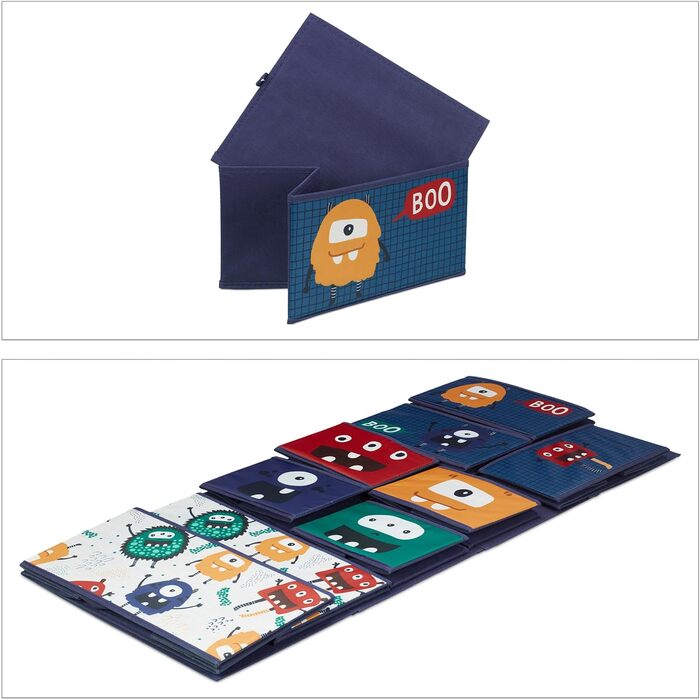 Дитяча полиця Relaxdays з 9 текстильними коробами, монстри, 70x92,5x30 см, іграшковий органайзер для кімнати, синій, бірюзовий, оранжевий