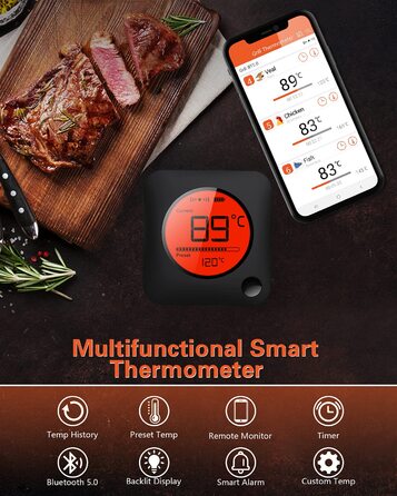 BFOUR Bluetooth термометр для гриля, 60 м, 2 зонди, великий РК-дисплей, нерж. сталь