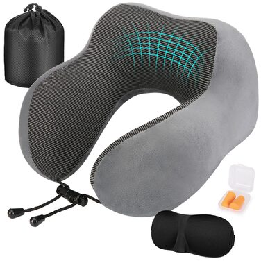 Ергономічна дорожня подушка для шиї Eono з ефектом пам'яті (Memory Foam) у комплекті з маскою для сну, берушами та сумкою, темно-сіра