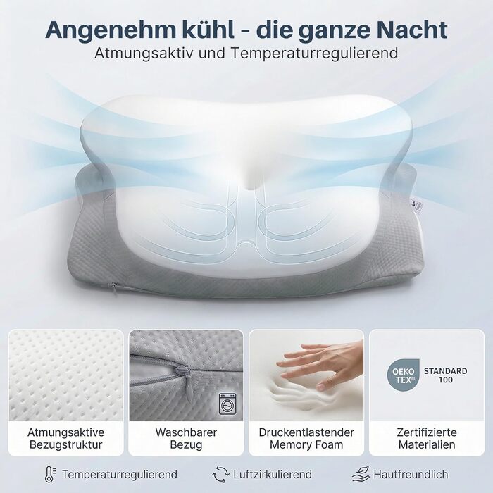 Ортопедична подушка для сну з ефектом пам'яті для шиї та спини - Ergonomisches Kissen - Сіра/Біла, з 2 наволочками, регульована висота, сертифікована, при болях у шиї