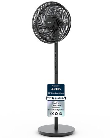 Вентилятор підлоговий Pro Breeze AirFlo Slim: 3 швидкості, 95° поворот, таймер 9 год, пульт, для дому та офісу, чорний