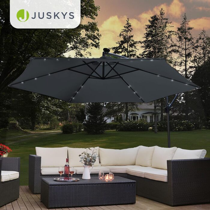 Сонцезахисна парасолька Juskys Brazil 350 см з LED-освітленням, сонячною панеллю та ручним приводом, сіра, водовідштовхуюча з UV-захистом