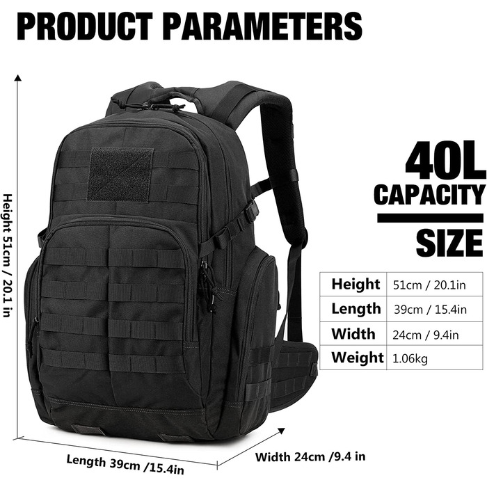 Mardingtop тактичний військовий рюкзак 40л з MOLLE, чорний, для туризму, походів і кемпінгу
