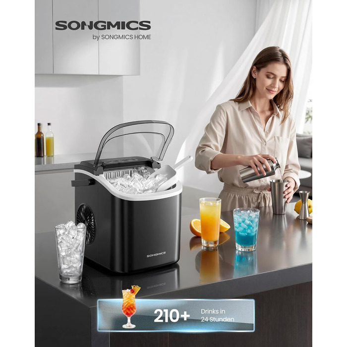 Побутова льодогенератор SONGMICS XZB001B1EU: льодогенератор для дому, офісу, вечірок, портативний, 12 кг/24 год, 2 розміри кубиків льоду, чорний