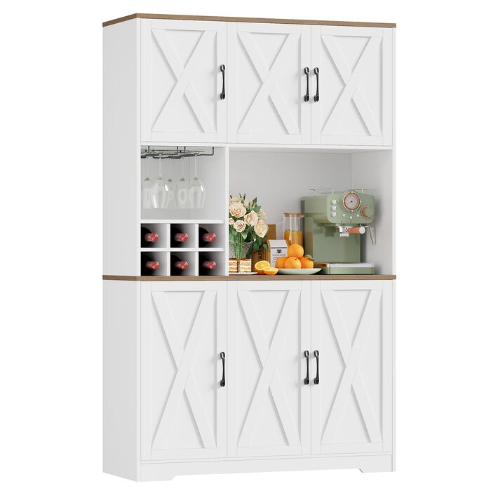 Кухонна шафа-буфет HOCSOK 106x180 см, біло-коричнева бічна тумба (sideboard) з 6 дверцятами, знімним тримачем для пляшок та келихів, шафа для продуктів у вітальню та їдальню