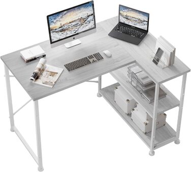Кутовий письмовий стіл TRIUMPHKEY L-подібний з полицями, реверсивний комп'ютерний стіл 110 см, сірої гами, для офісу та дому