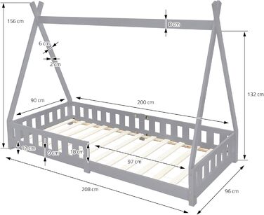 Дитяче ліжко Tipi ML-Design 90x200 см, світло-сіре, з бортиком і ламелями, з масиву сосни, індіанський будиночок для дівчаток і хлопчиків, ігрове ліжко-затишне намет-домік