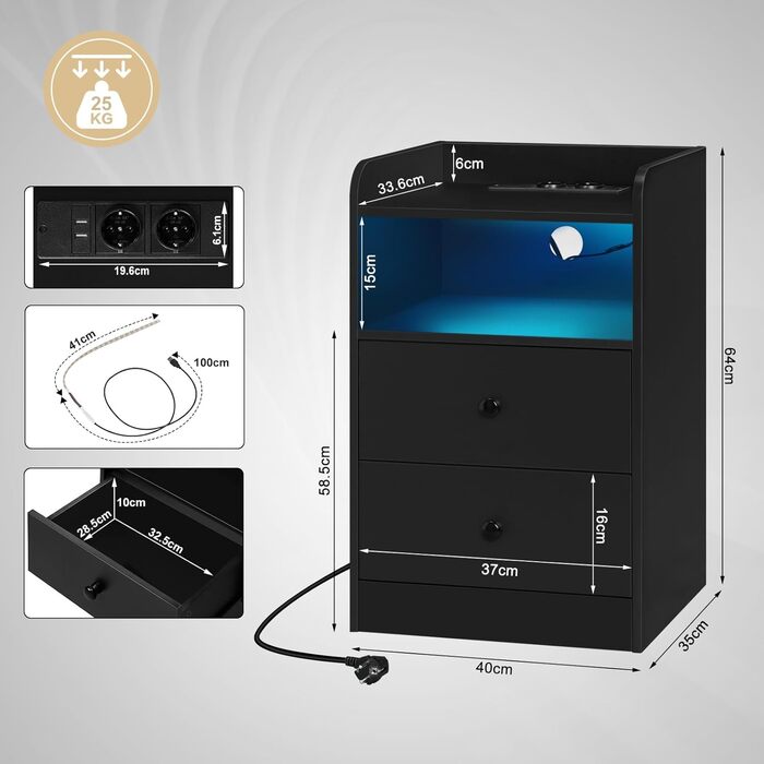 Приліжкові тумбочки WOLTU з LED-підсвіткою, USB та розетками, комплект 2 шт., з шухлядами і відкритою полицею, для спальні, чорні