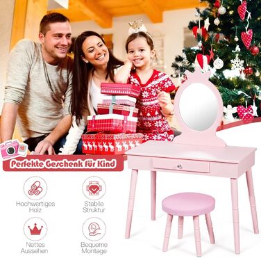 Дитячий туалетний столик DREAMADE з дзеркалом і табуретом, косметичний стіл для дівчаток, рожевий, з шухлядою