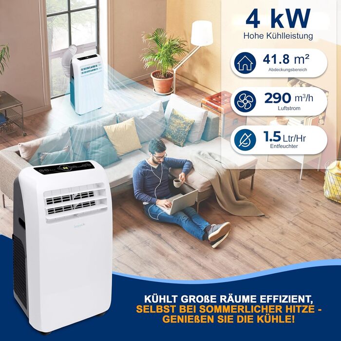 Мобільний кондиціонер SereneLife 3-в-1 9000 BTU з функціями охолодження, осушення та вентиляції, з відведенням повітря, для приміщень до 42 м², білий